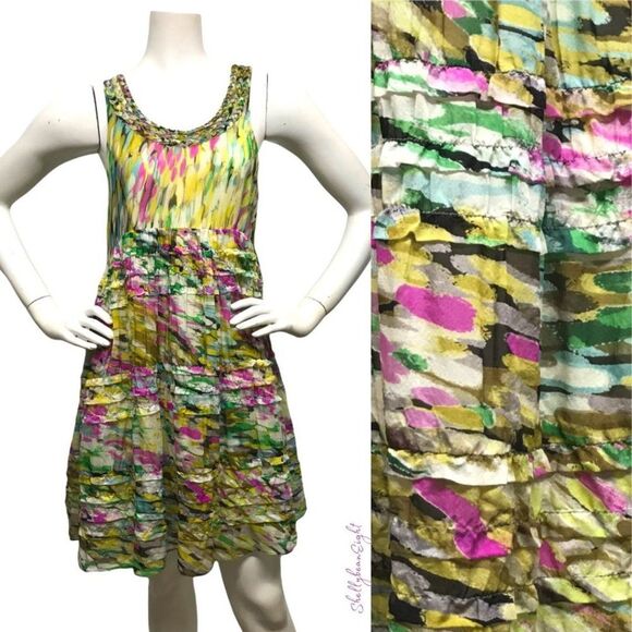 ANTHROPOLOGIE Leifsdottir Rainbow Confetti Silk Ruffle Dress 2 4 XS S RARE HTF! - Picture 7 of 16